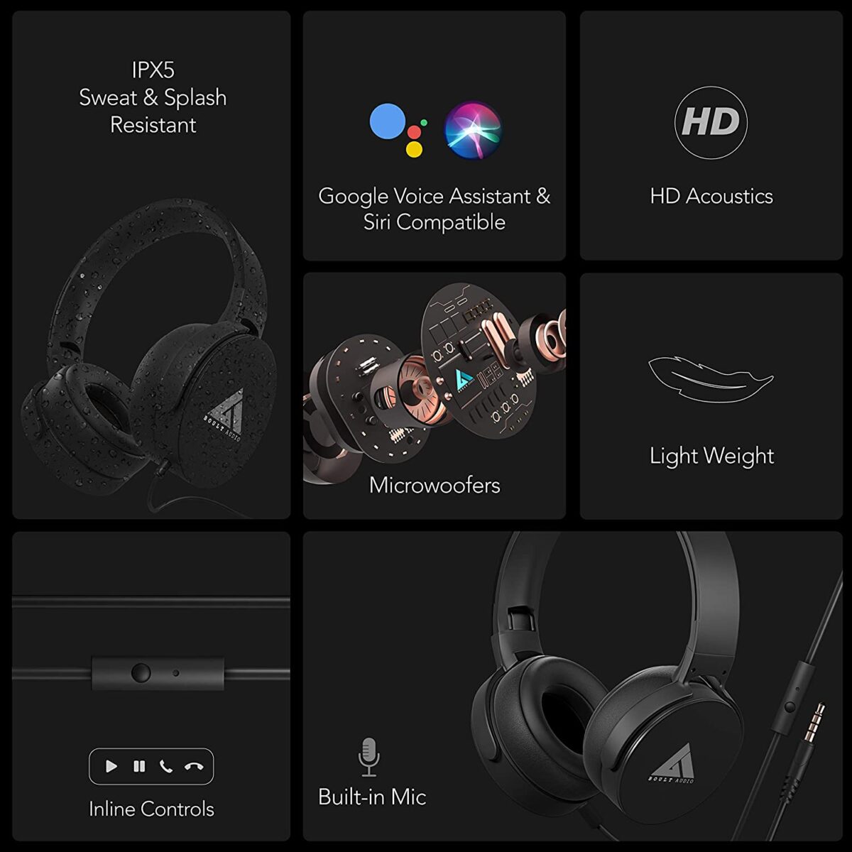 Boult Audio Bass Buds Q2 Over-Ear Wired Lightweight Stereo Headphones (Black) - Image 2