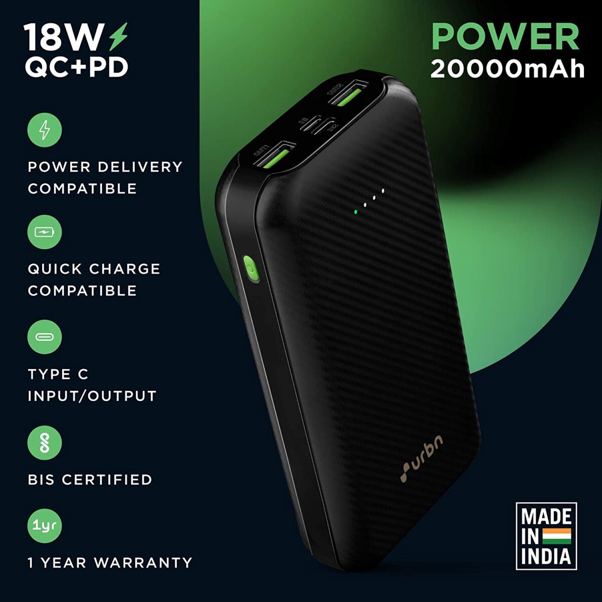 URBN 20000 mAh 18W Super Fast Charging Power Bank (Black) - Image 5