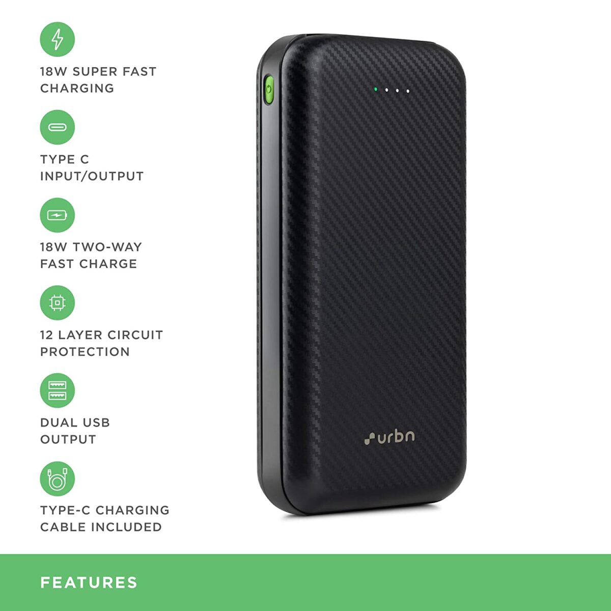 URBN 20000 mAh 18W Super Fast Charging Power Bank (Black) - Image 4