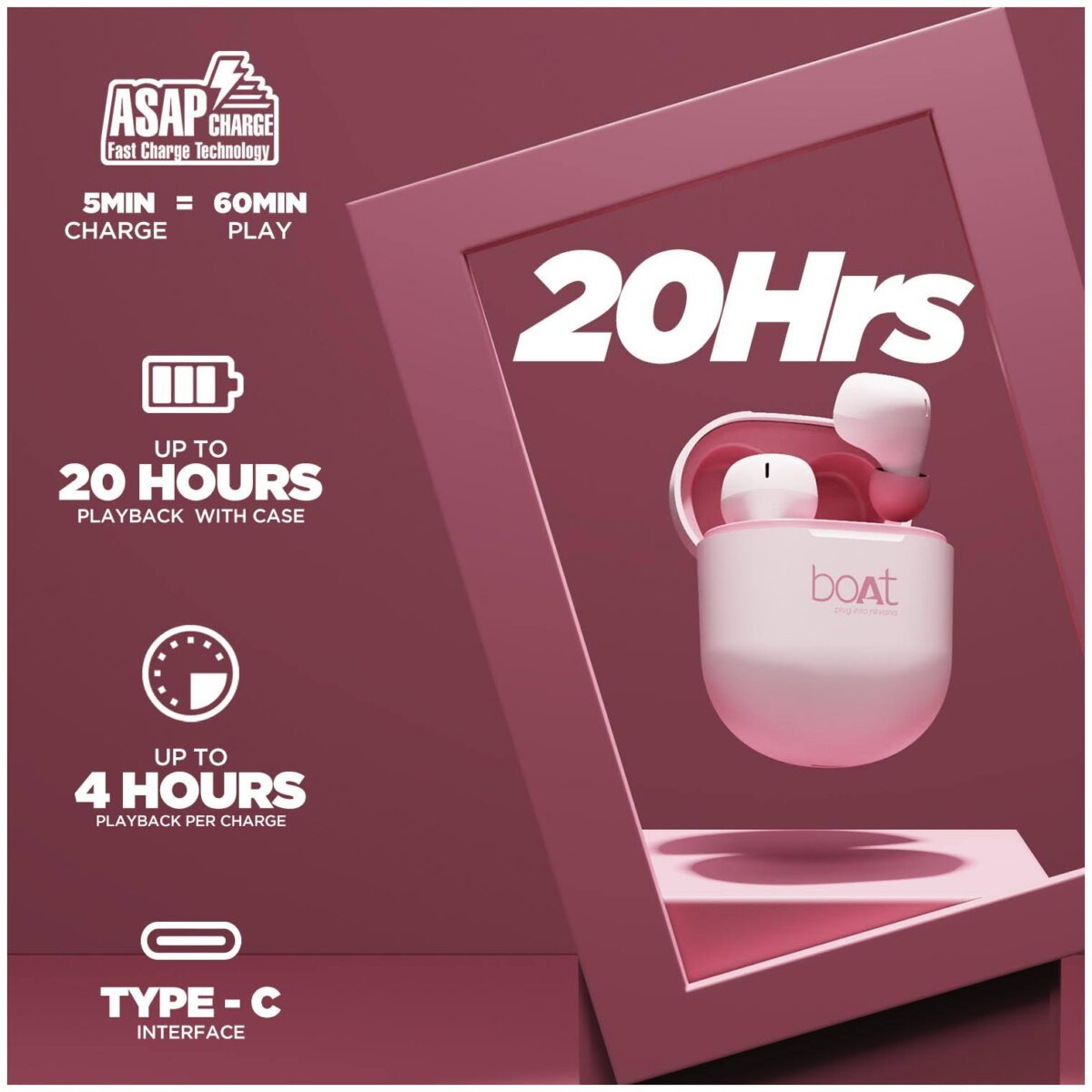 boAt Airdopes 381 Bluetooth Earbuds (Pink) - Image 2